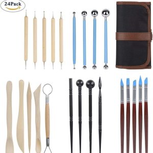 Polymer Clay Tools, 24 Pcs Modeling Clay Sculpting Tools with Assorted Shape&Size, Include Dotting Tools, Wooden Ceramics Tools, Rubber Tips Pen, Ball Stylus, Plastic Modeling Tools, 1 Case