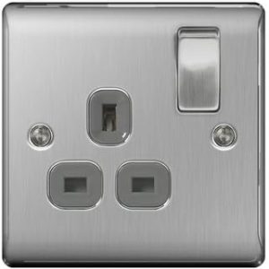 ZAAPTOL BG Electrical NBS21G Nexus Metal Brushed Steel 1 Gang 13A DP Switched Socket c/w Grey Insert