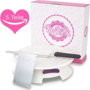 Tortenplatte drehbar – Tortendreher mit 30 cm Drehteller & Profi Fondant Backzubehör Set – Edelstahl Winkelpalette + Tortenglätter zum backen von Torten – Drehbarer Tortenteller Back