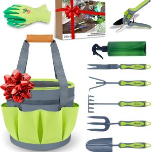 Hortem Garden Tools Set, 9PCS Gardening Tools Include Durable Steel Trowel Set, Large Garden Tote Bag, Garden Gloves and Hand Pruner, Gardening Gifts for Women Men