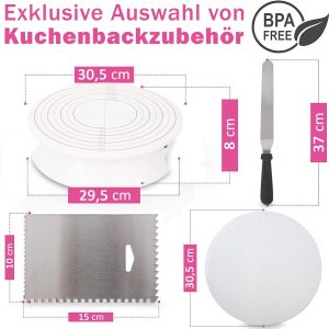 Tortenplatte drehbar – Tortendreher mit 30 cm Drehteller & Profi Fondant Backzubehör Set – Edelstahl Winkelpalette + Tortenglätter zum backen von Torten – Drehbarer Tortenteller Back