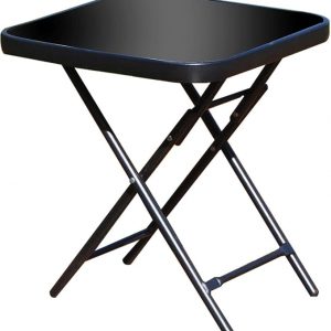 RUNADI Black Glass Folding Drinks Side Garden Patio Table, 40cm x 40cm x 46cm